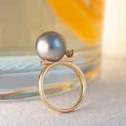 Natural Tahitian Black Pearl Diamond Ring 11.7mm d0.1ct, 18K